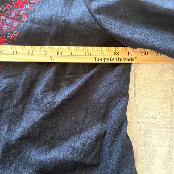 Etno Soul Blue Linen Embroidered Vyshyvanka Wrap Blouse Butterfly Sleeve No Belt - Picture 9 of 12